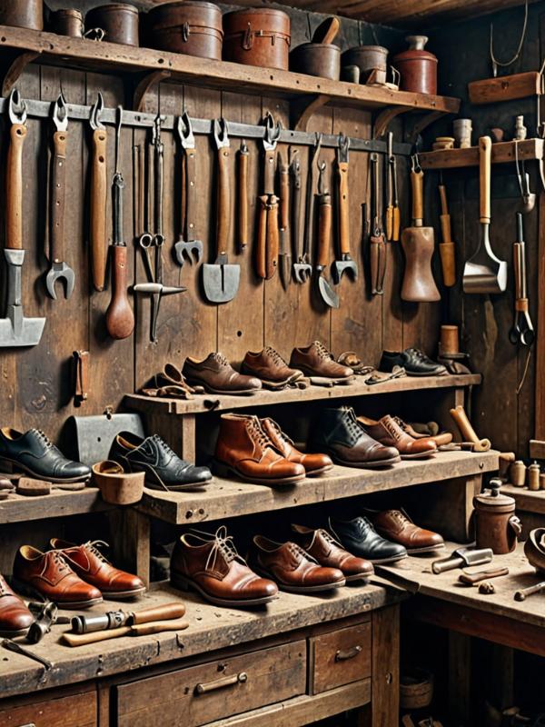 Traditional shoe repair workshop with vintage tools