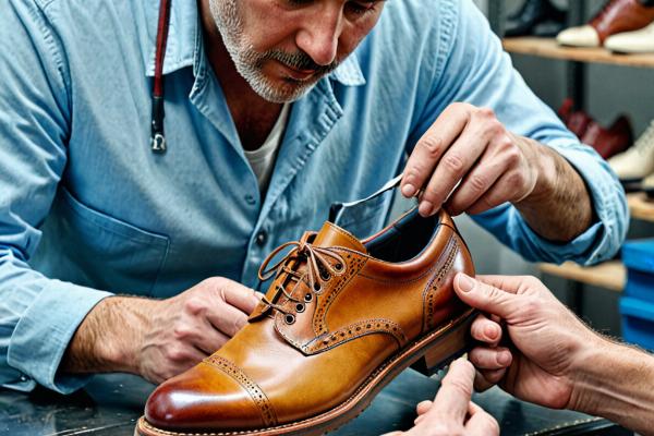 Master craftsperson carefully examining shoes during repair process